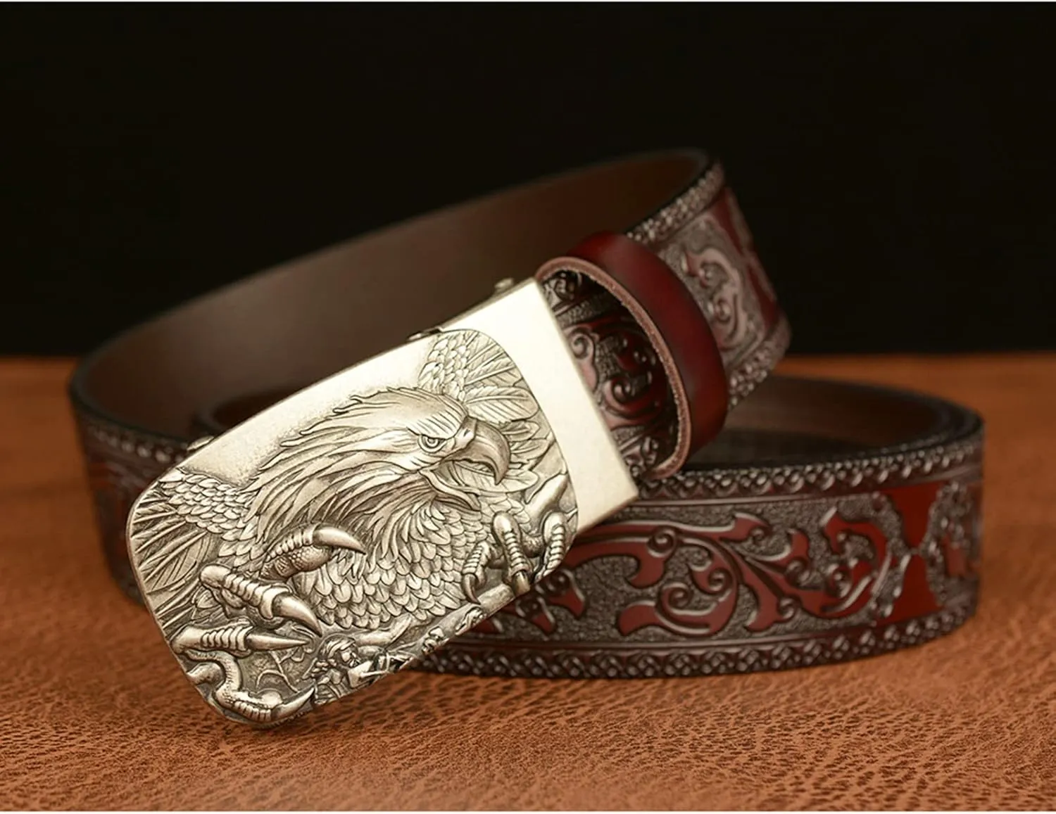 Men's Ratchet Genuine Leather Belt with 3D Eagle Sliding Buckle,Vintage Western Cowboy Leather Engraved Belt