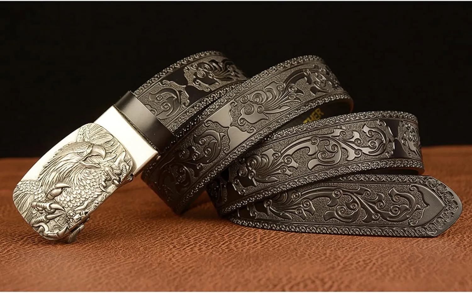 Men's Ratchet Genuine Leather Belt with 3D Eagle Sliding Buckle,Vintage Western Cowboy Leather Engraved Belt
