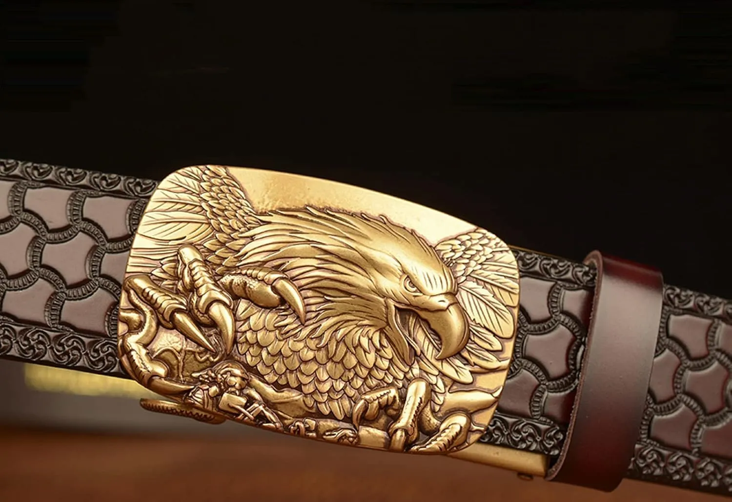 Men's Ratchet Genuine Leather Belt with 3D Eagle Sliding Buckle,Vintage Western Cowboy Leather Engraved Belt