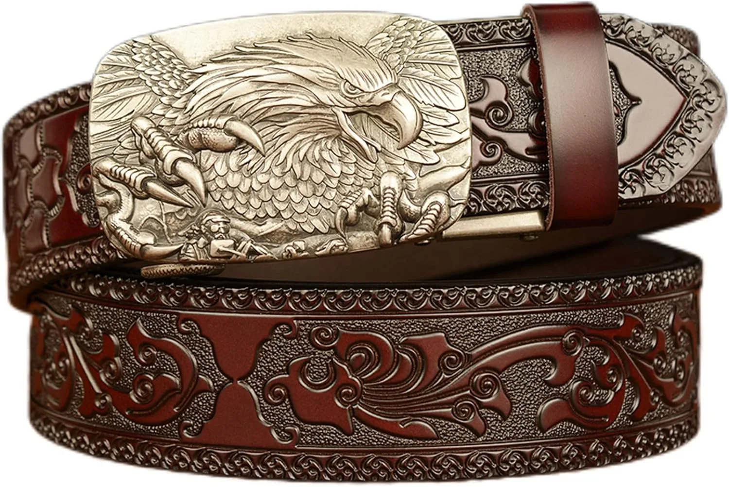 Men's Ratchet Genuine Leather Belt with 3D Eagle Sliding Buckle,Vintage Western Cowboy Leather Engraved Belt