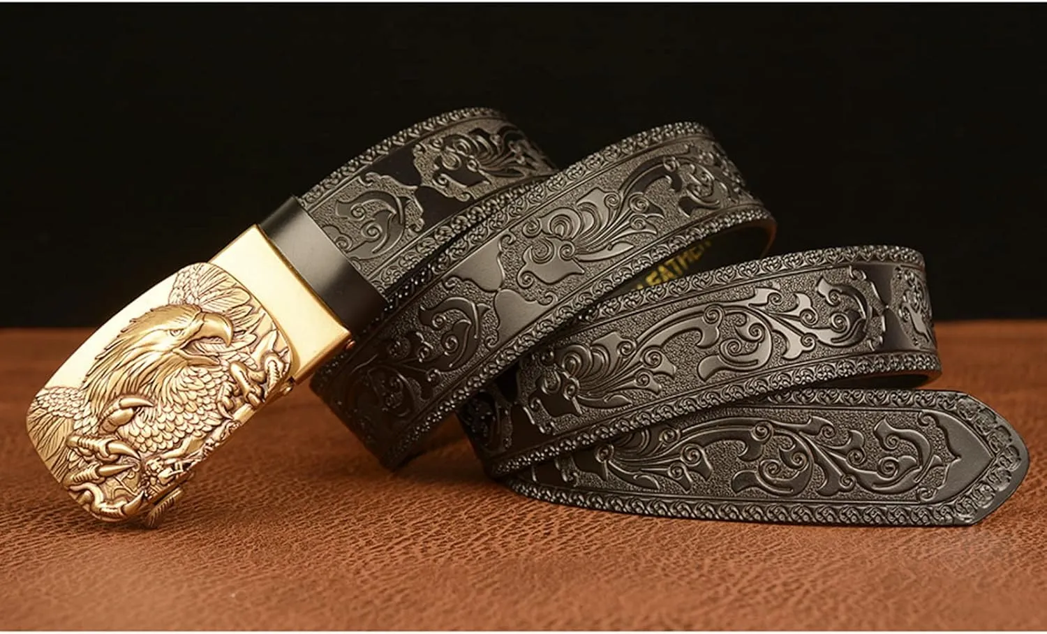 Men's Ratchet Genuine Leather Belt with 3D Eagle Sliding Buckle,Vintage Western Cowboy Leather Engraved Belt