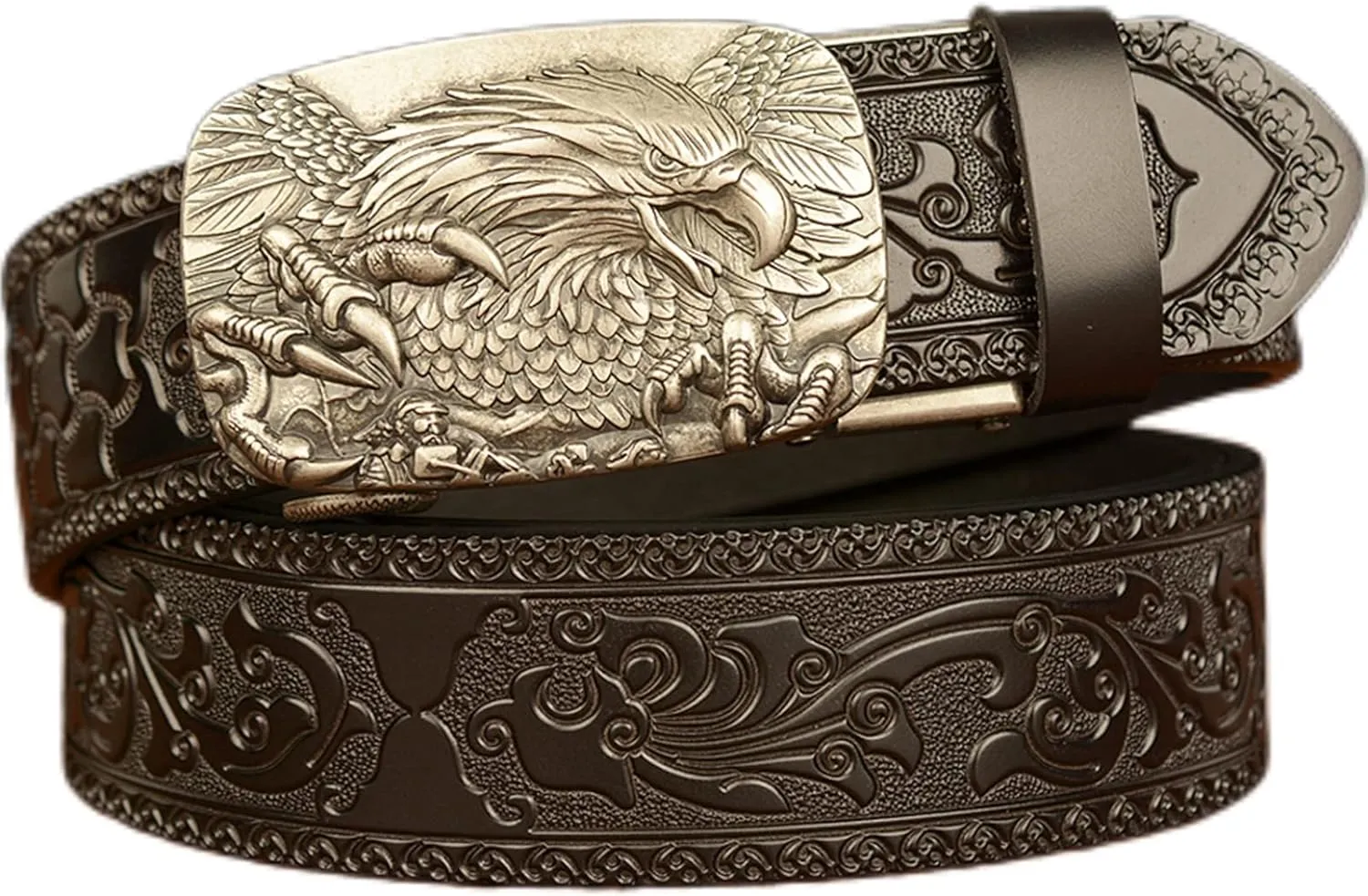 Men's Ratchet Genuine Leather Belt with 3D Eagle Sliding Buckle,Vintage Western Cowboy Leather Engraved Belt