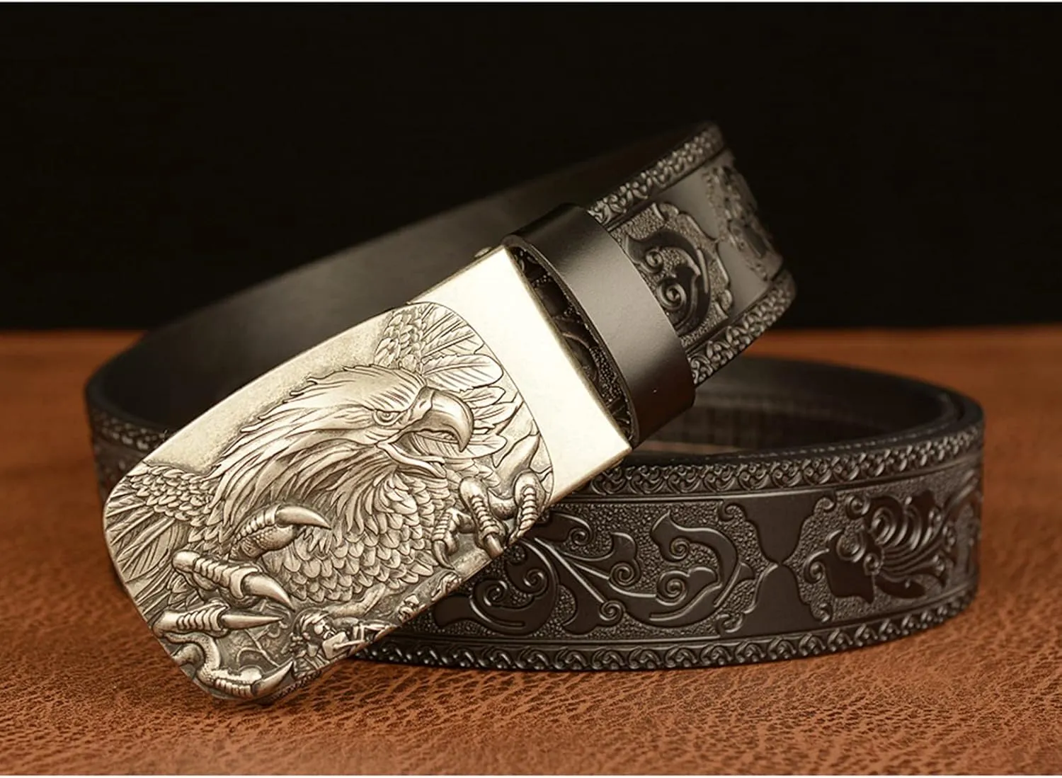 Men's Ratchet Genuine Leather Belt with 3D Eagle Sliding Buckle,Vintage Western Cowboy Leather Engraved Belt