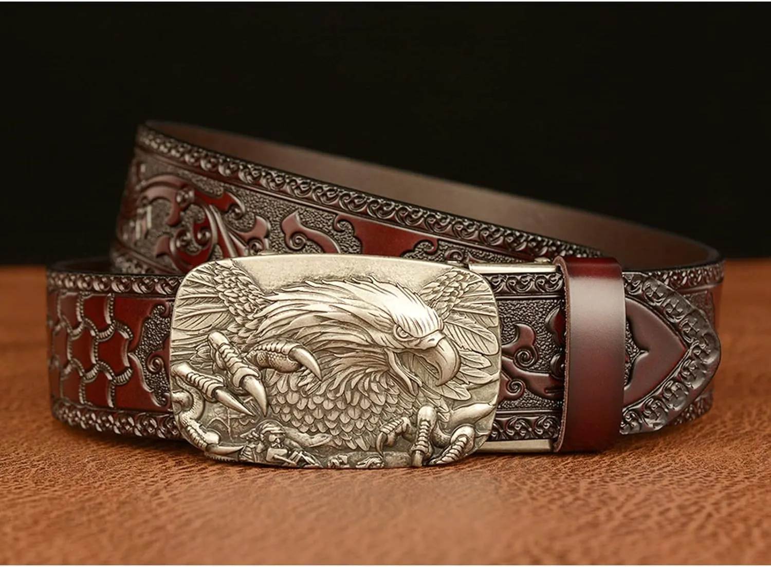 Men's Ratchet Genuine Leather Belt with 3D Eagle Sliding Buckle,Vintage Western Cowboy Leather Engraved Belt