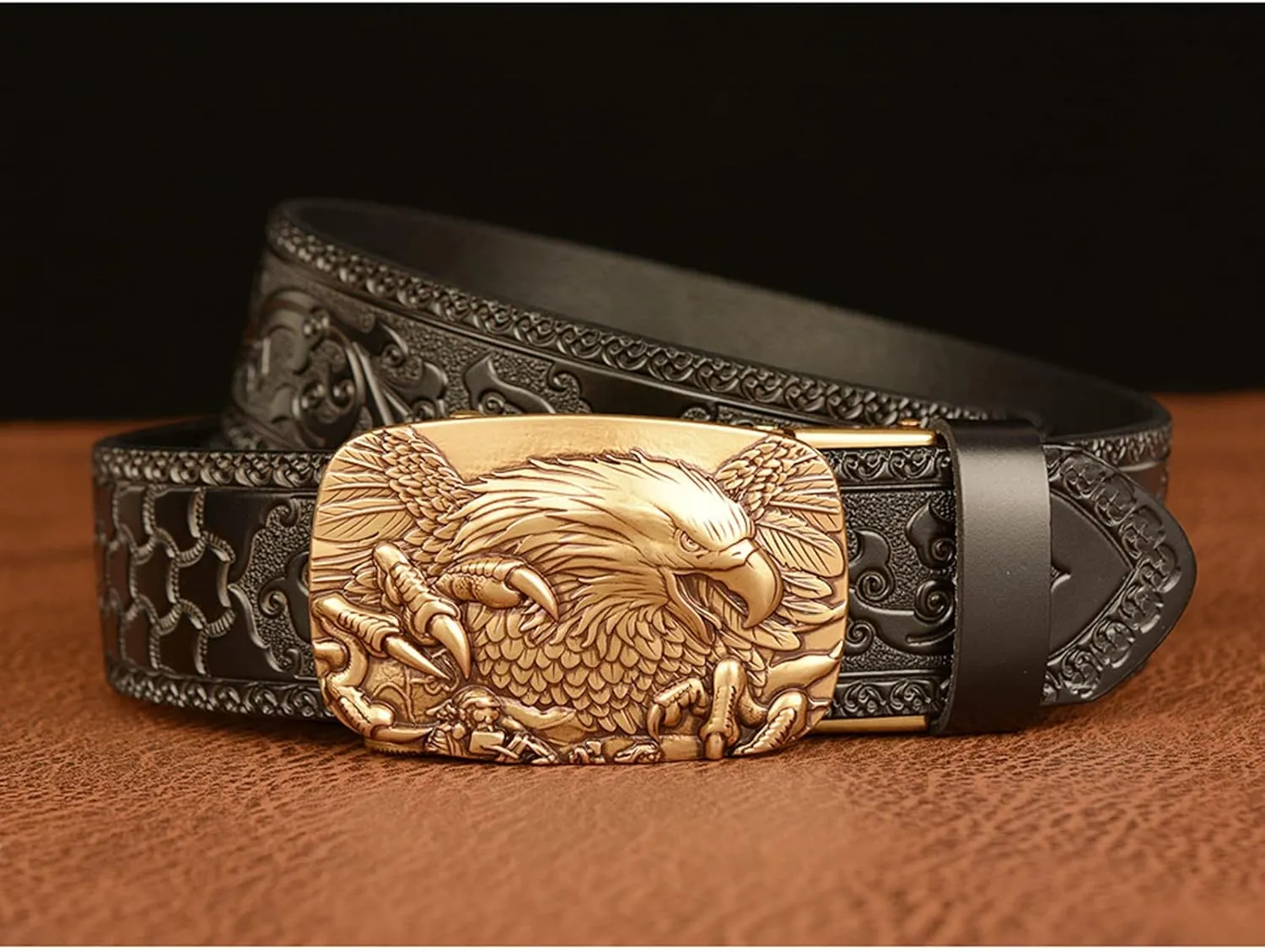 Men's Ratchet Genuine Leather Belt with 3D Eagle Sliding Buckle,Vintage Western Cowboy Leather Engraved Belt