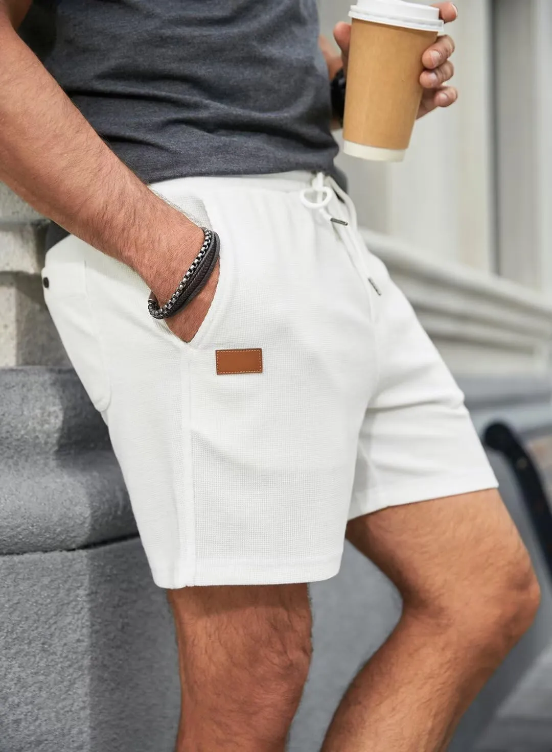 Mens Shorts Casual Waffle Elastic Waistc Drawstring 7" Shorts Summer Beach Lightweight Shorts with Pockets