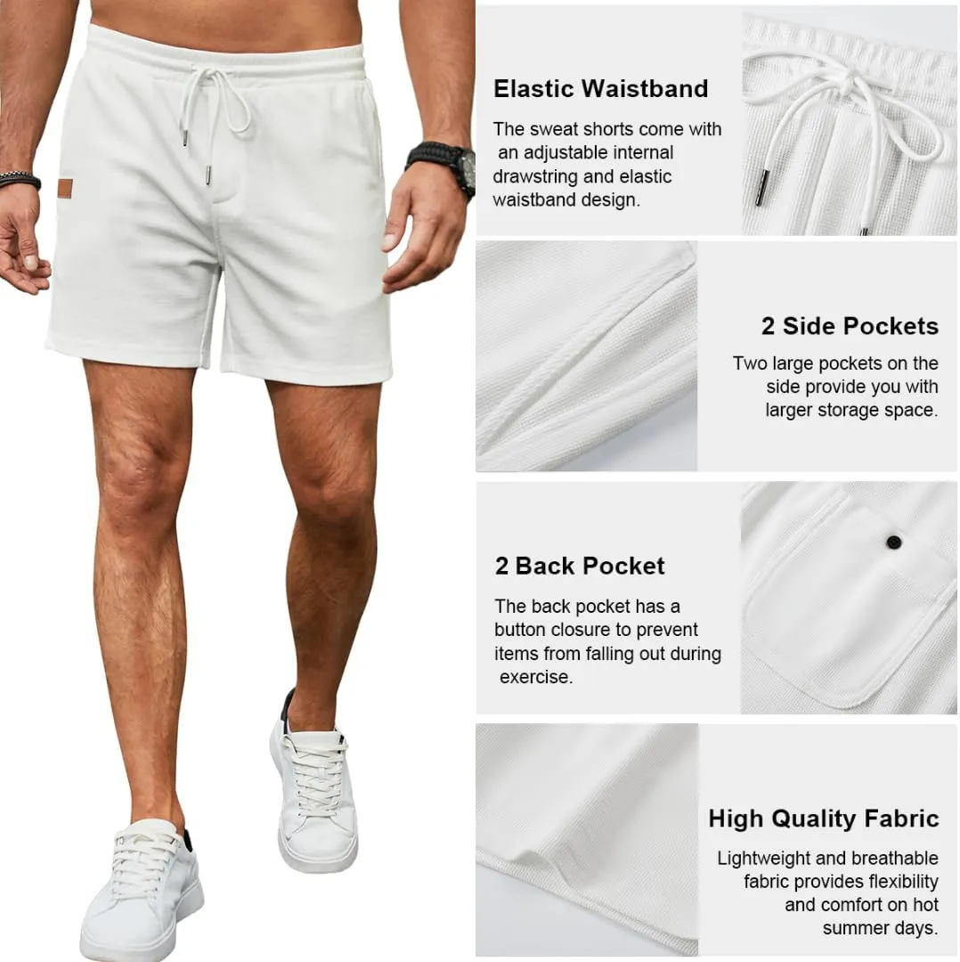 Mens Shorts Casual Waffle Elastic Waistc Drawstring 7" Shorts Summer Beach Lightweight Shorts with Pockets