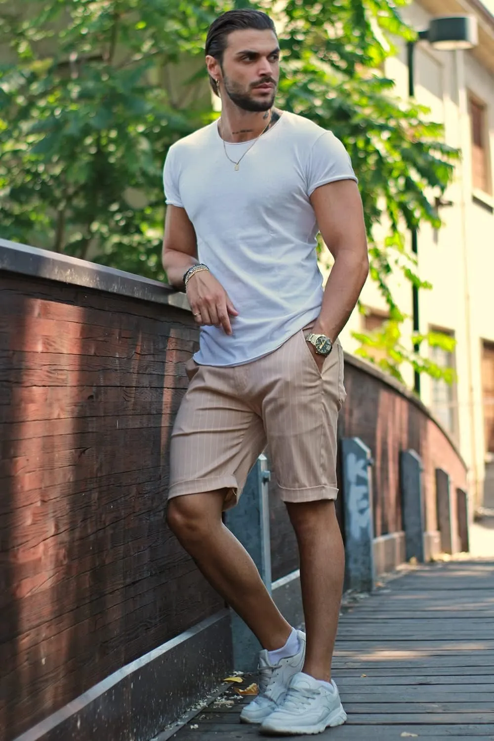 Men's Skinny Fit Chino Shorts Elastic Waist Cotton Twill Flat Front Dress Shorts 9 Inch Inseam