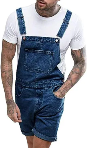 Mens Summer Short Overalls Denim Bib Shorts Casual Outdoor Vintage Distressed Jeans Jumpsuit Shorts with Pockets