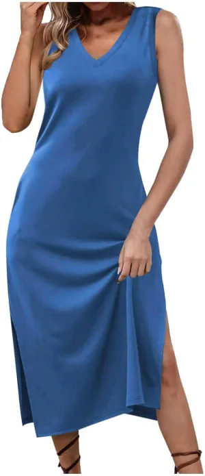 Midi Dress 2024 Sleeveless Boho Dress Womens Midi Tshirt Dress Comfy Slit Casual Vacation Dress Black Dress Summer