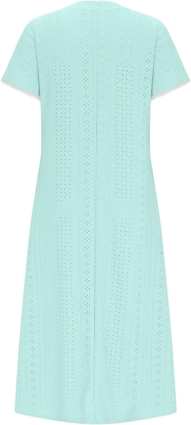 Midi Dresses for Women Summer Crew Neck Petal Sleeve Lace-Up Hollow Out Ruched High Waist Eyelet Dress with Pockets