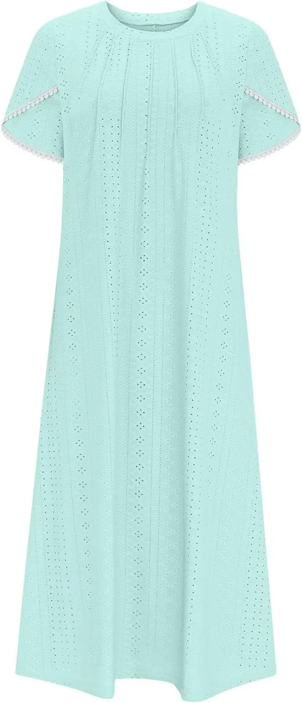 Midi Dresses for Women Summer Crew Neck Petal Sleeve Lace-Up Hollow Out Ruched High Waist Eyelet Dress with Pockets
