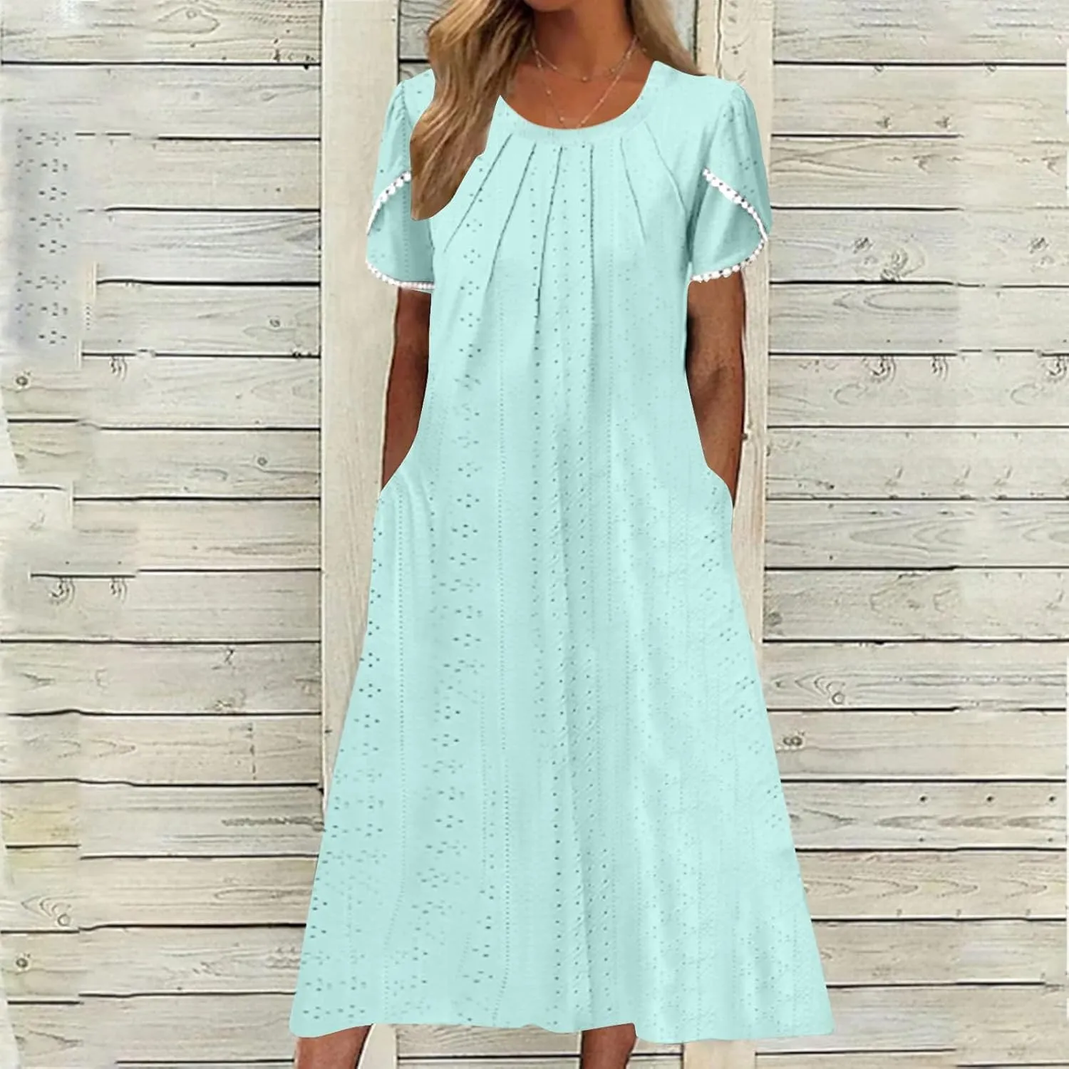Midi Dresses for Women Summer Crew Neck Petal Sleeve Lace-Up Hollow Out Ruched High Waist Eyelet Dress with Pockets