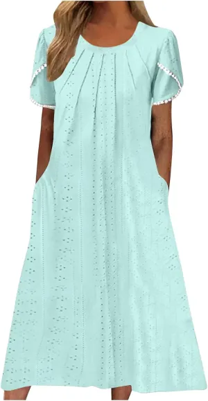 Midi Dresses for Women Summer Crew Neck Petal Sleeve Lace-Up Hollow Out Ruched High Waist Eyelet Dress with Pockets
