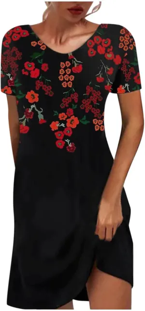 Mini Dress Black Short Sleeve Hole Womens Sundresses Spring Summer Shift Dress Short aesthetic Floral Print Round Neck Casual