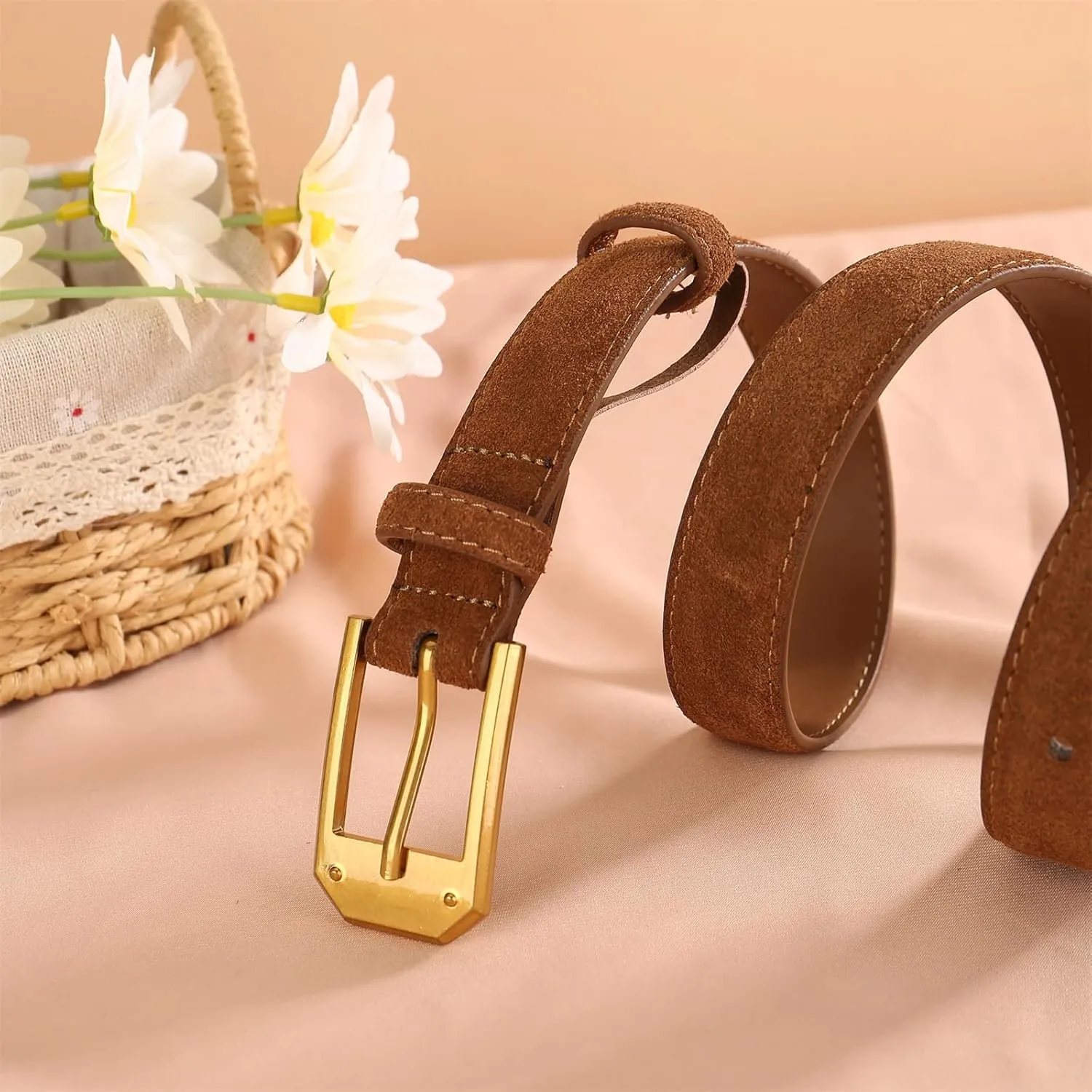Mnjyihy Women Suede Leather Belt Trendy Pin Buckle Waistband Genuine Leather Casual Business Waist Belt