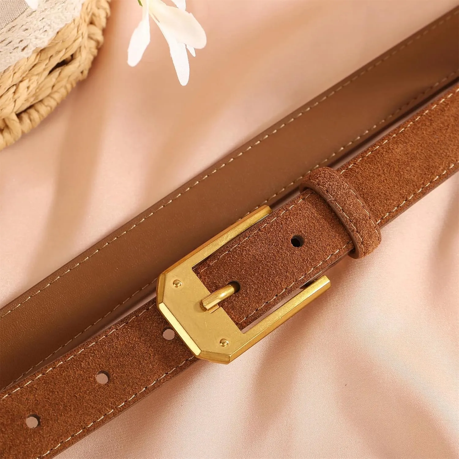Mnjyihy Women Suede Leather Belt Trendy Pin Buckle Waistband Genuine Leather Casual Business Waist Belt
