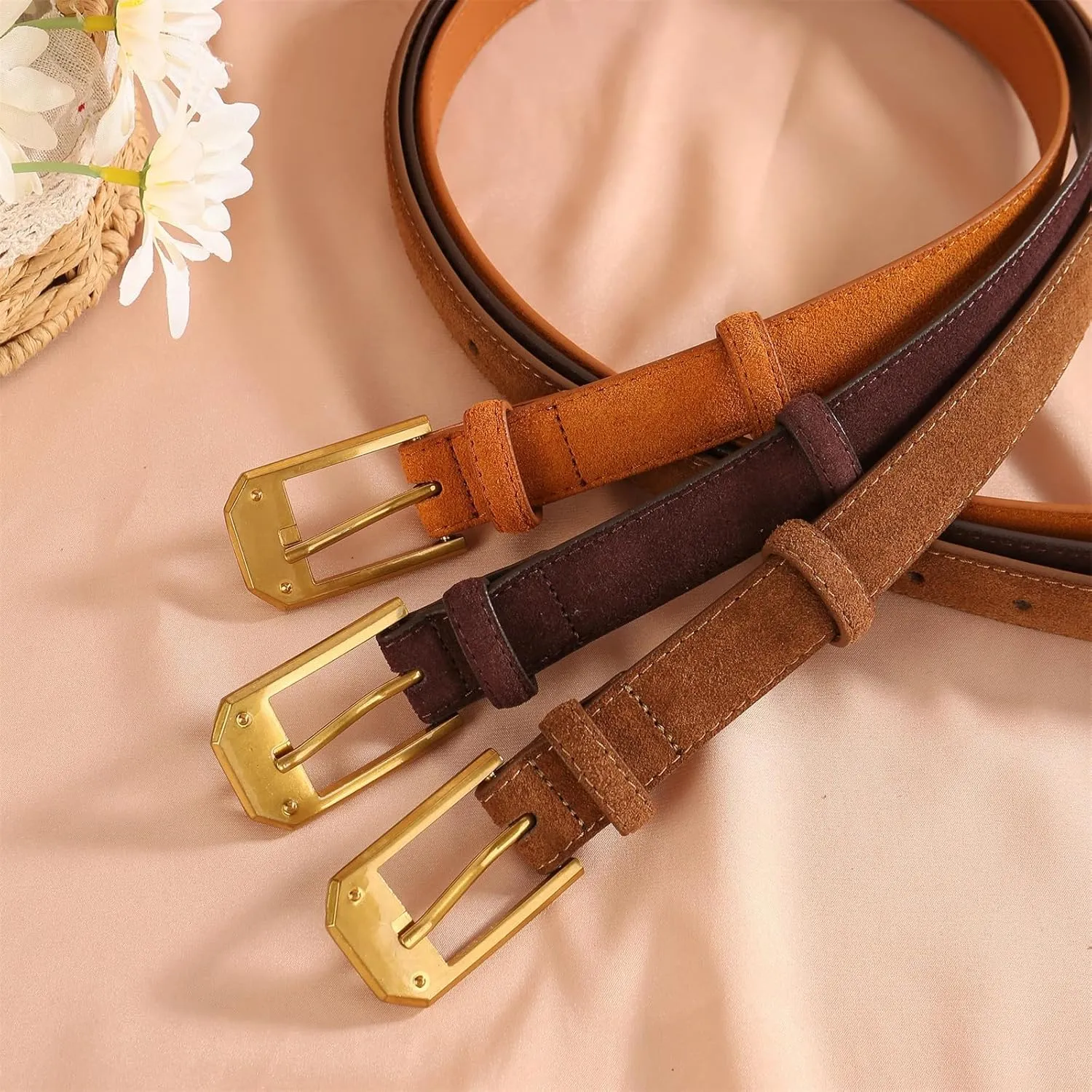 Mnjyihy Women Suede Leather Belt Trendy Pin Buckle Waistband Genuine Leather Casual Business Waist Belt
