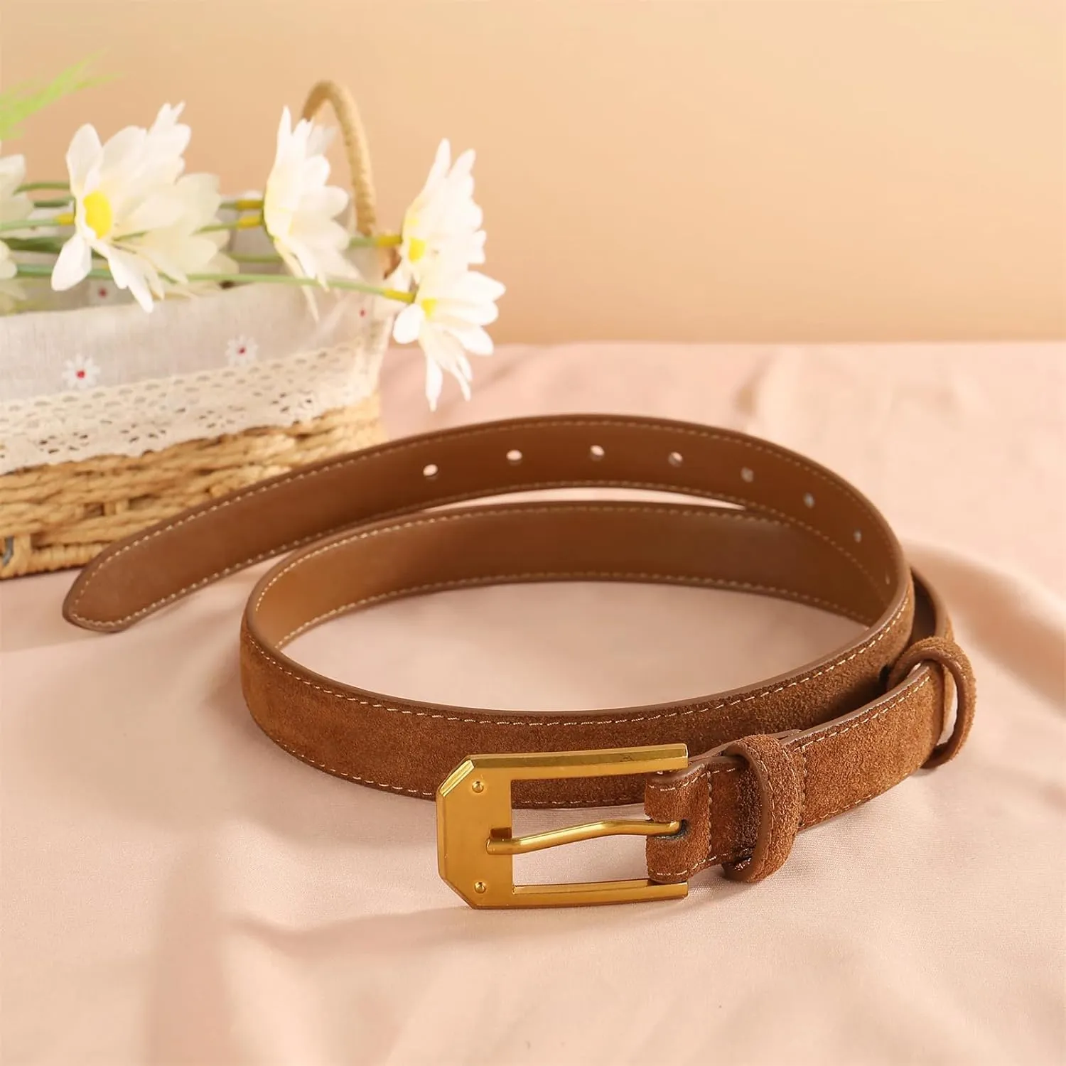 Mnjyihy Women Suede Leather Belt Trendy Pin Buckle Waistband Genuine Leather Casual Business Waist Belt