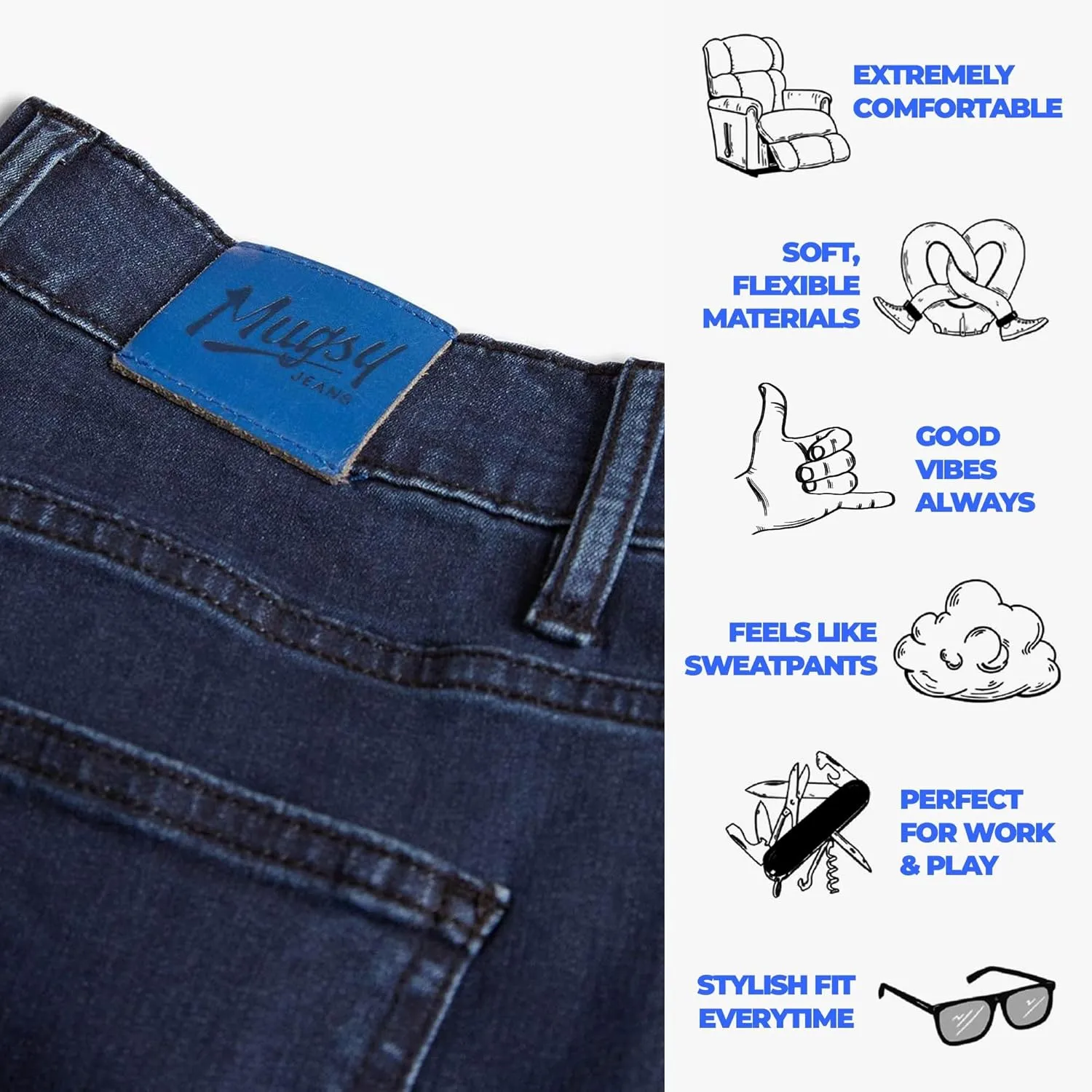 Mugsy Mens Jeans, Classic Fit, Stretch Denim Jeans for Men, Comfortable, 4-Way Stretch, Flexible Pants, Size Up If Needed