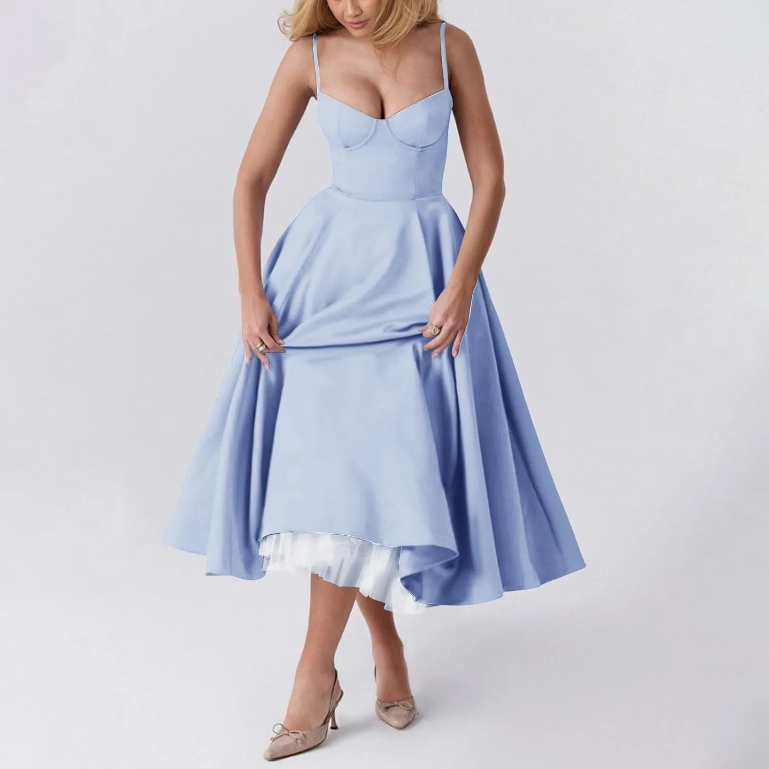 NBXNZWF Women's Corest Dress Spaghetti Strap A-line Drop Waist Midi Dress Flowy Pleated Hem Low Cut Bustier Prom Dresses