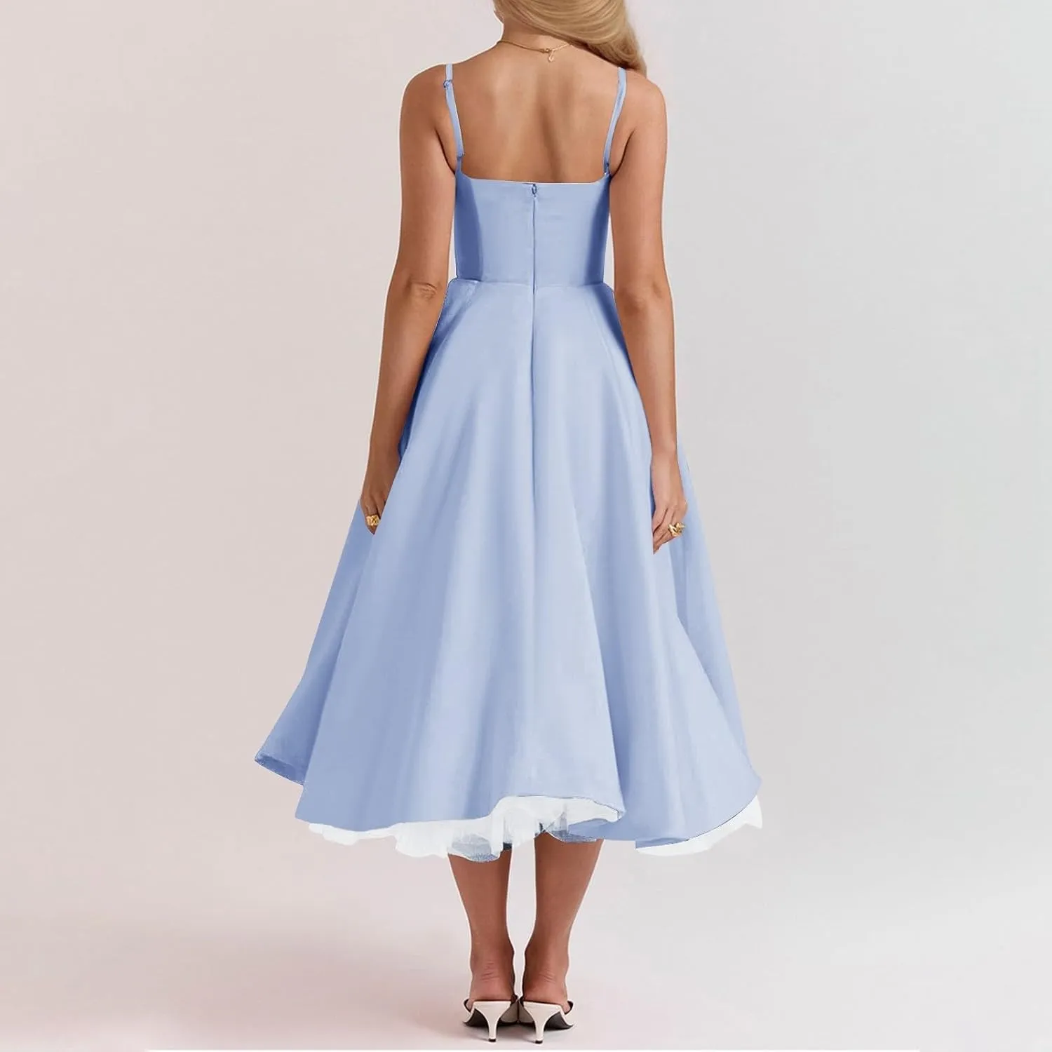 NBXNZWF Women's Corest Dress Spaghetti Strap A-line Drop Waist Midi Dress Flowy Pleated Hem Low Cut Bustier Prom Dresses
