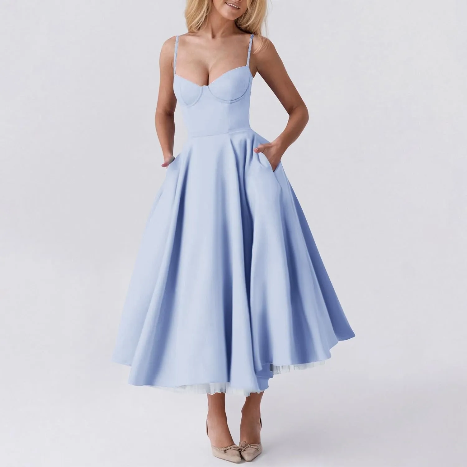 NBXNZWF Women's Corest Dress Spaghetti Strap A-line Drop Waist Midi Dress Flowy Pleated Hem Low Cut Bustier Prom Dresses