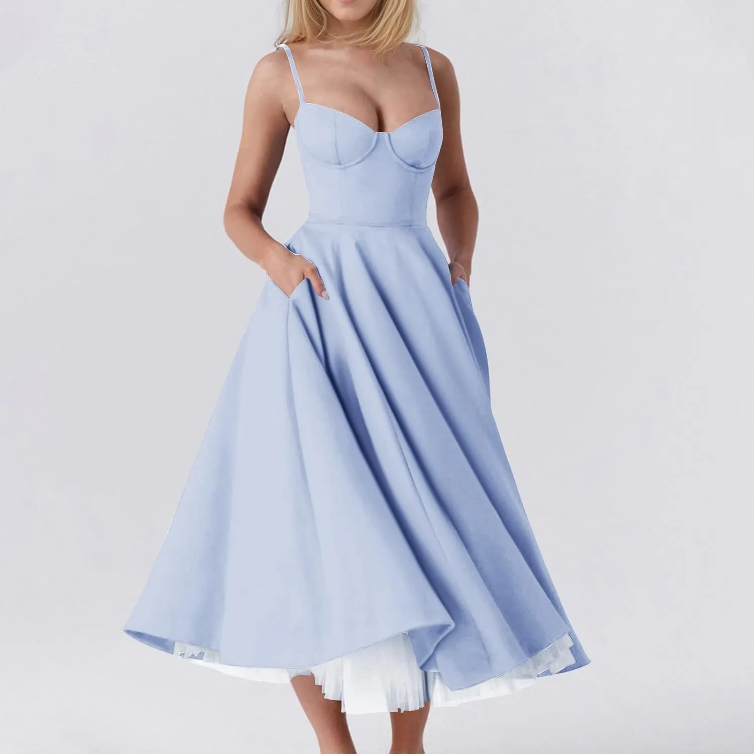 NBXNZWF Women's Corest Dress Spaghetti Strap A-line Drop Waist Midi Dress Flowy Pleated Hem Low Cut Bustier Prom Dresses