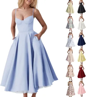 NBXNZWF Women's Corest Dress Spaghetti Strap A-line Drop Waist Midi Dress Flowy Pleated Hem Low Cut Bustier Prom Dresses