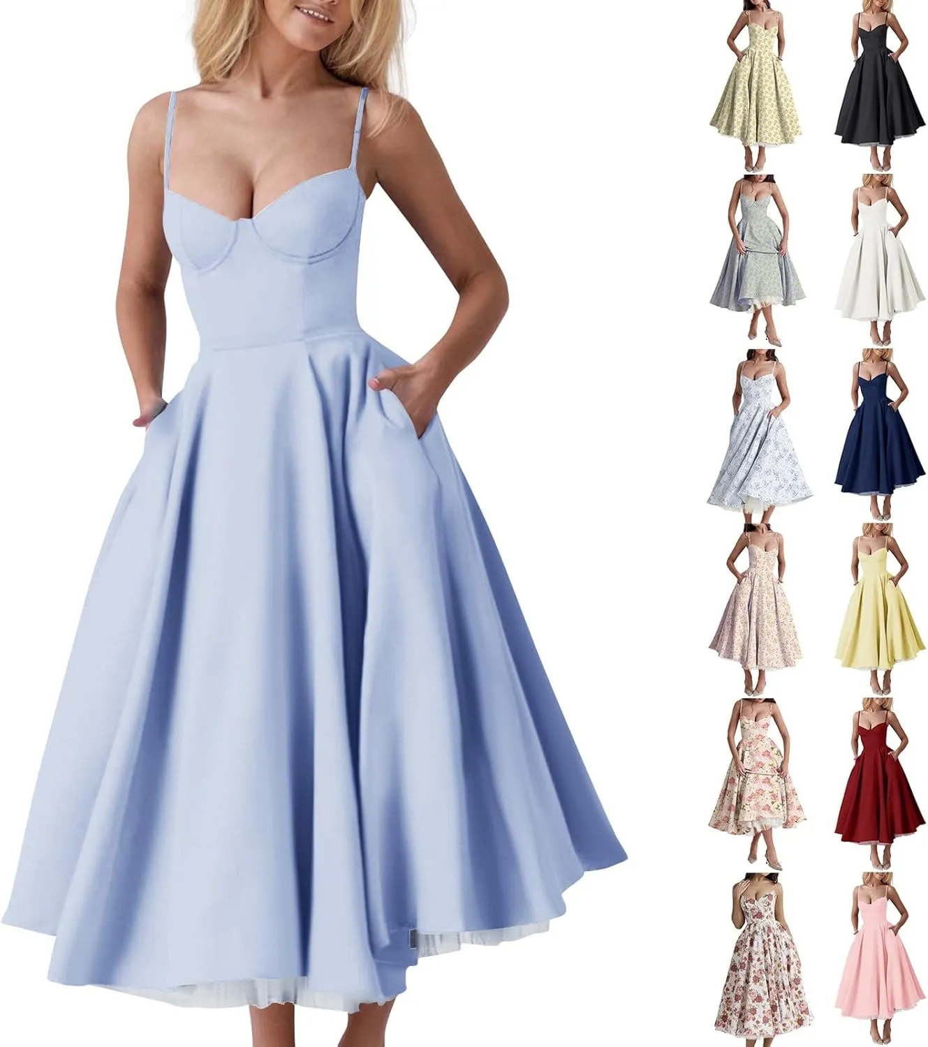 NBXNZWF Women's Corest Dress Spaghetti Strap A-line Drop Waist Midi Dress Flowy Pleated Hem Low Cut Bustier Prom Dresses