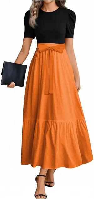 Peplum Dress for Women Spring Maxi Dresses Vacation Short Sleeve Round Neck Aline Dress Tie Belted Modest Dresses