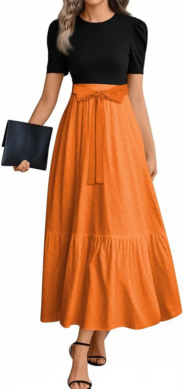 Peplum Dress for Women Spring Maxi Dresses Vacation Short Sleeve Round Neck Aline Dress Tie Belted Modest Dresses