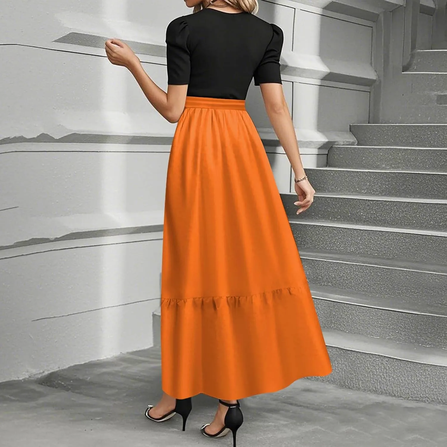 Peplum Dress for Women Spring Maxi Dresses Vacation Short Sleeve Round Neck Aline Dress Tie Belted Modest Dresses