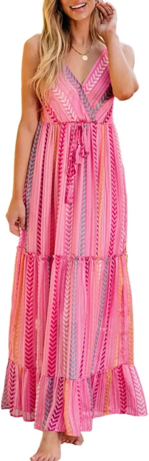 Pink Printed Tassel Tie V Neck Wrap Maxi Dress,Women's Pink Western Printed Tassel Tie V Neck Wrap Maxi Dress