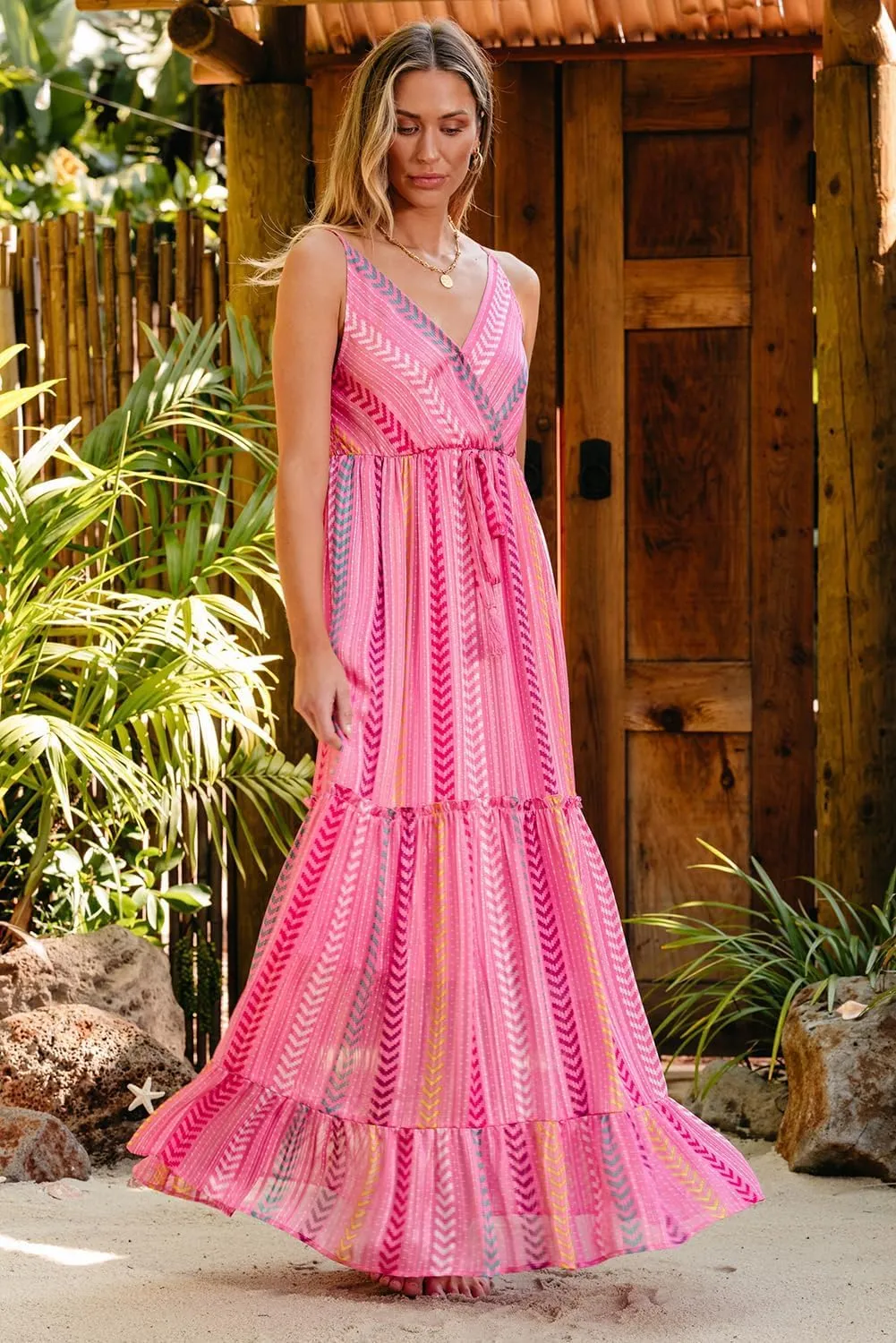 Pink Printed Tassel Tie V Neck Wrap Maxi Dress,Women's Pink Western Printed Tassel Tie V Neck Wrap Maxi Dress