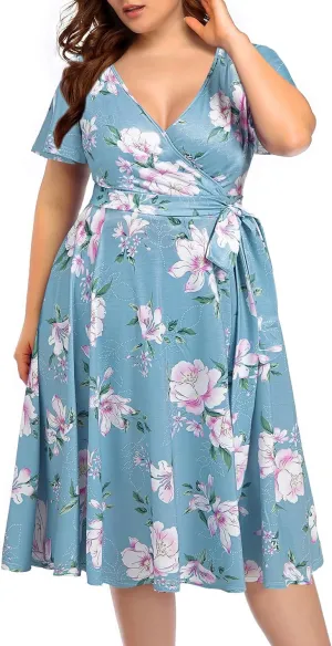 Pinup Fashion Women Plus Size Dresses Wedding Guest - Semi Formal Cocktail Wrap Empire Waist Midi Dress