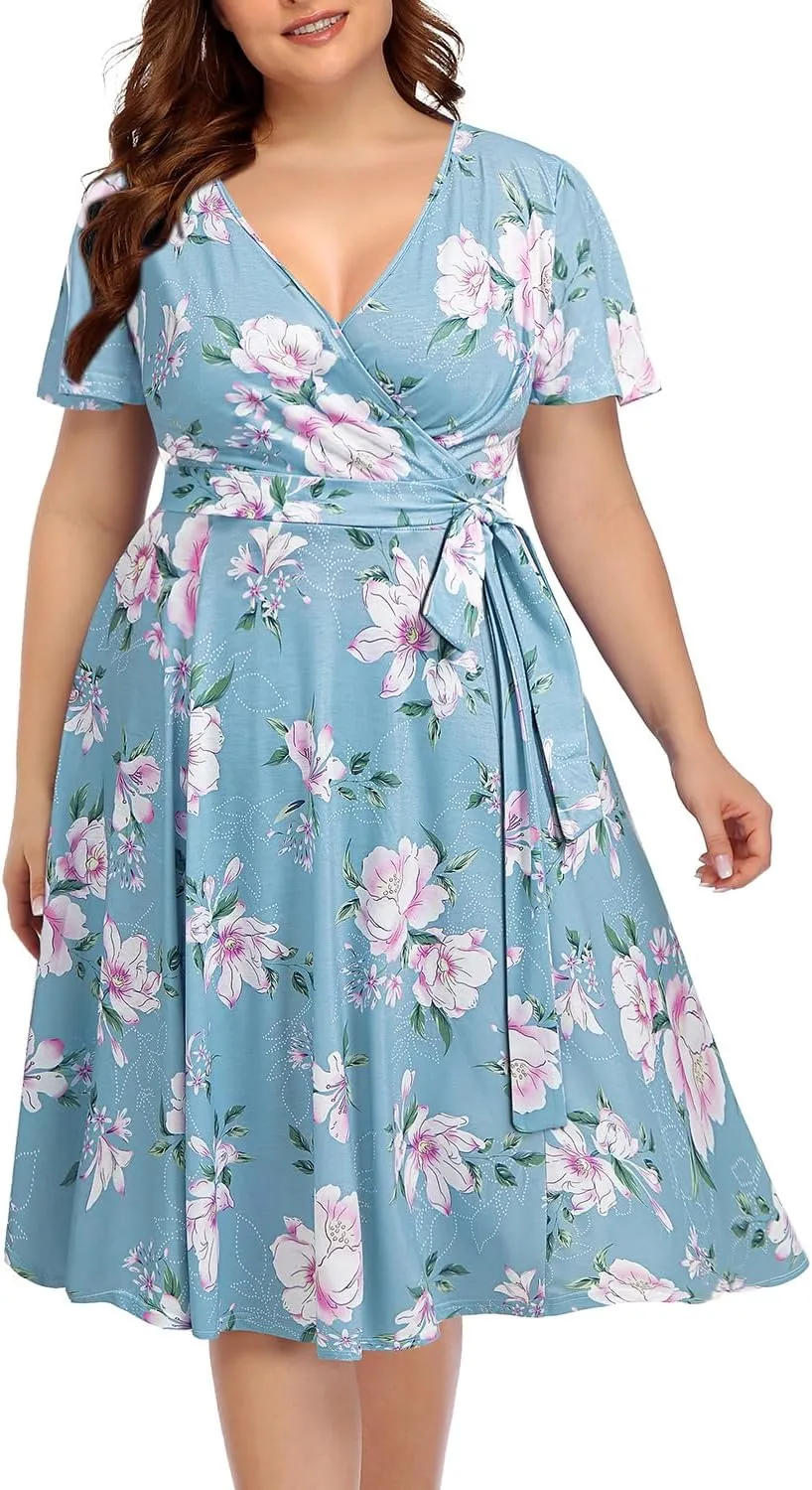 Pinup Fashion Women Plus Size Dresses Wedding Guest - Semi Formal Cocktail Wrap Empire Waist Midi Dress