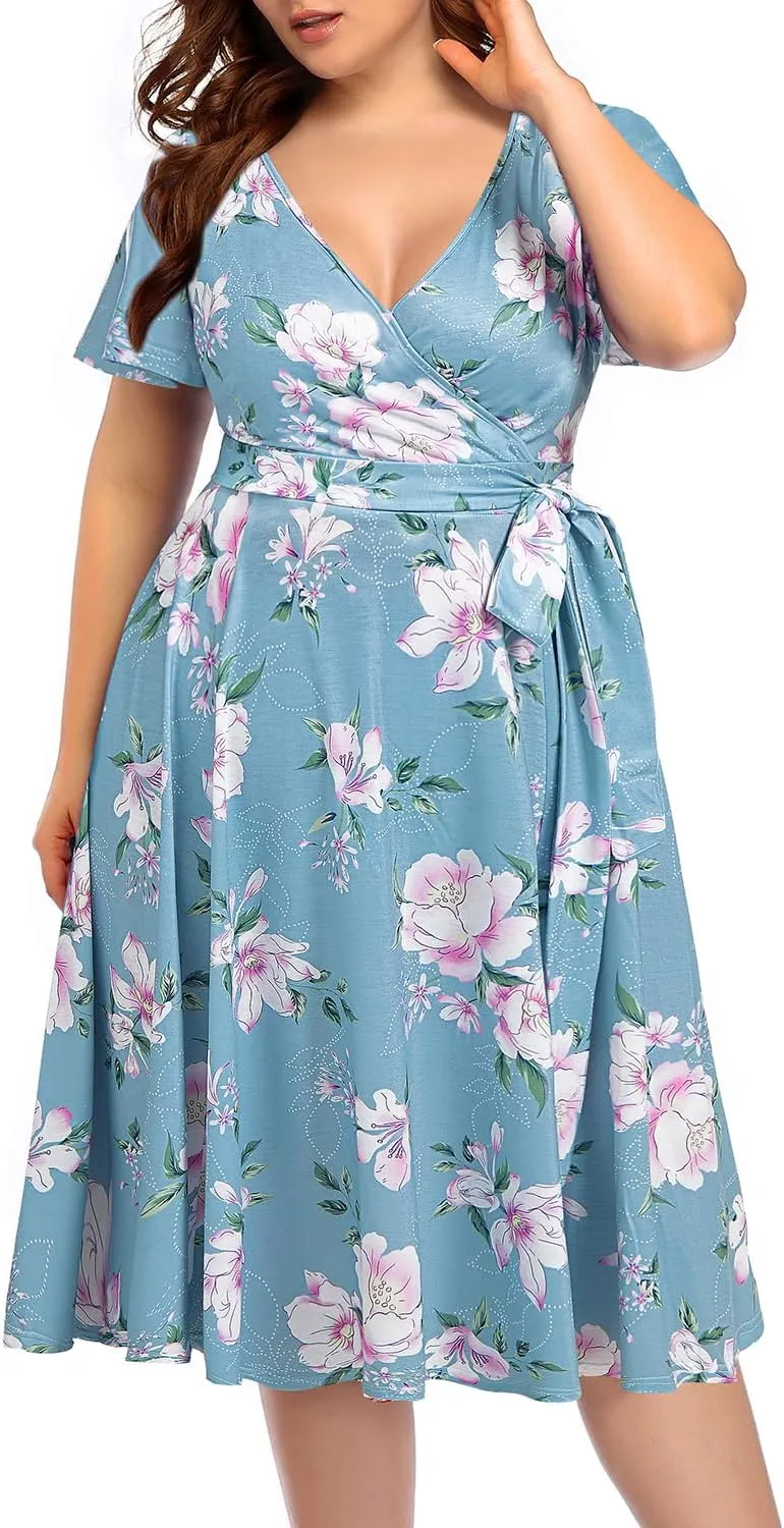 Pinup Fashion Women Plus Size Dresses Wedding Guest - Semi Formal Cocktail Wrap Empire Waist Midi Dress