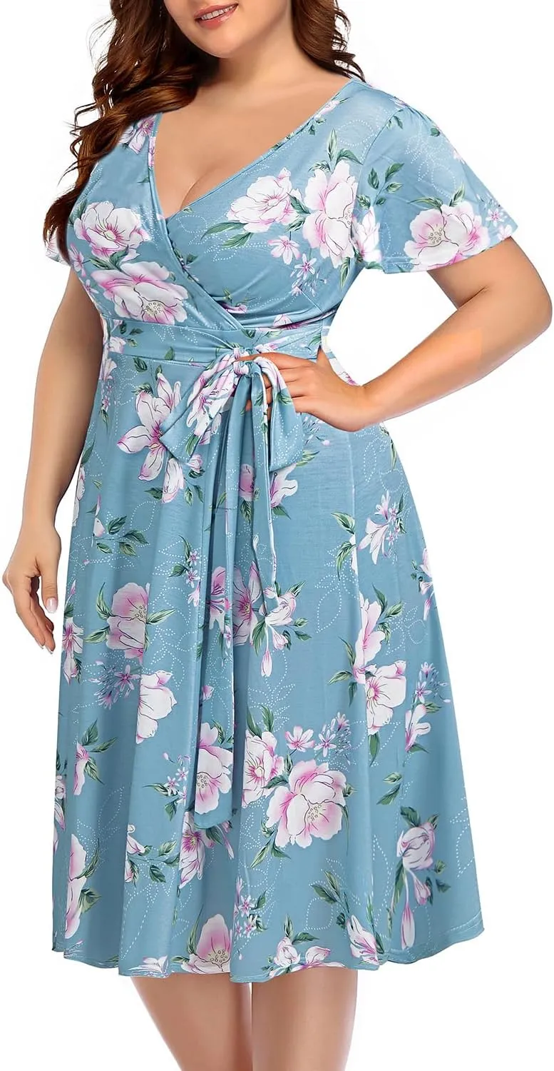 Pinup Fashion Women Plus Size Dresses Wedding Guest - Semi Formal Cocktail Wrap Empire Waist Midi Dress