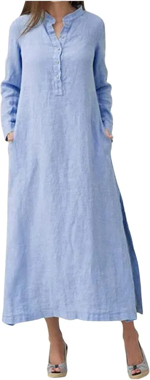 Plain Maxi Long Dress Women's Cotton Linen Long Sleeve Casual Oversized Dress Slit Button Down Retro Elegant Dresses