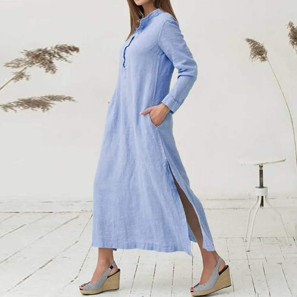 Plain Maxi Long Dress Women's Cotton Linen Long Sleeve Casual Oversized Dress Slit Button Down Retro Elegant Dresses