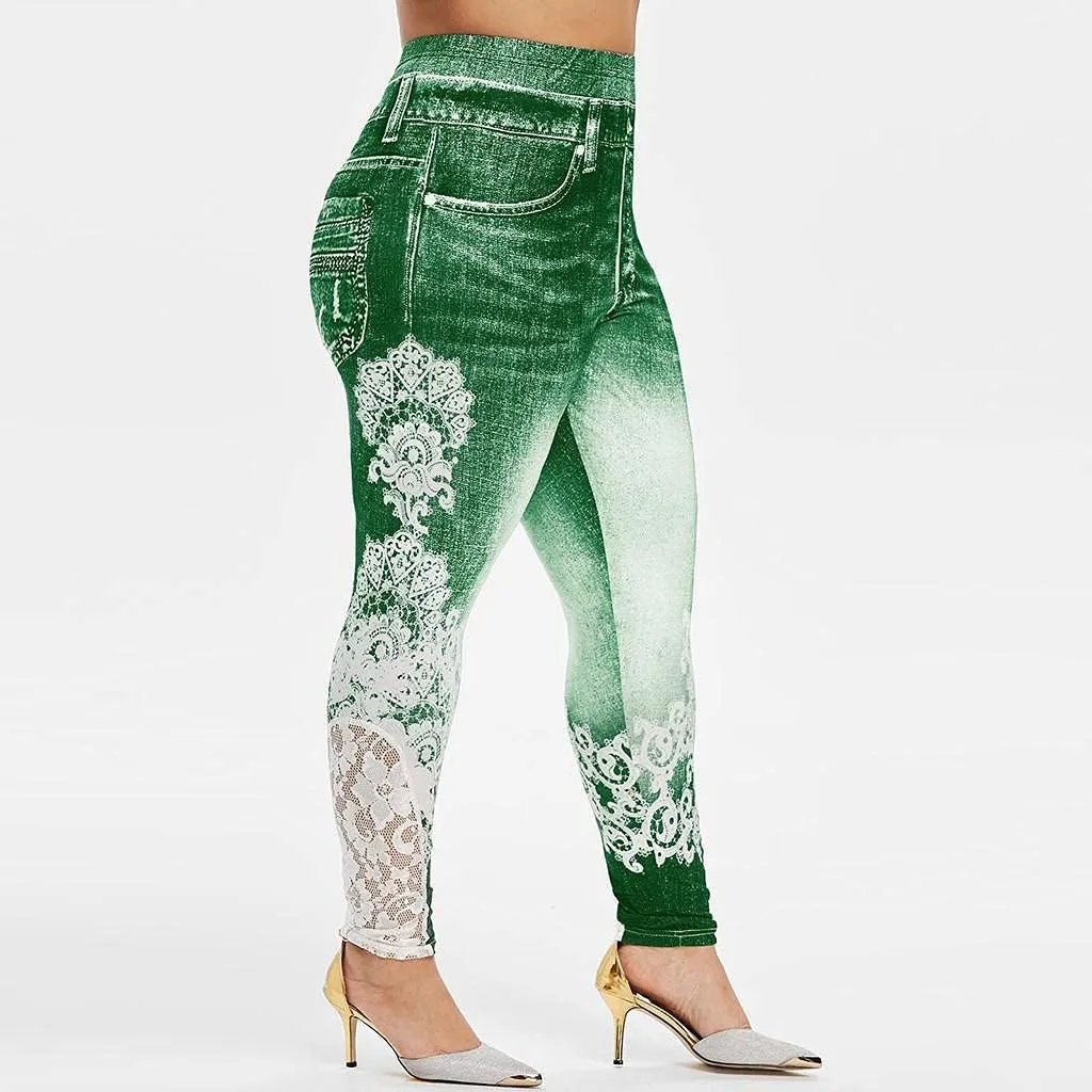 Plus Size Jeans Jeggings Butt Lift Bermuda Yoga Leggings High Waist Stretch Lace Trim Pencil Denim Pants