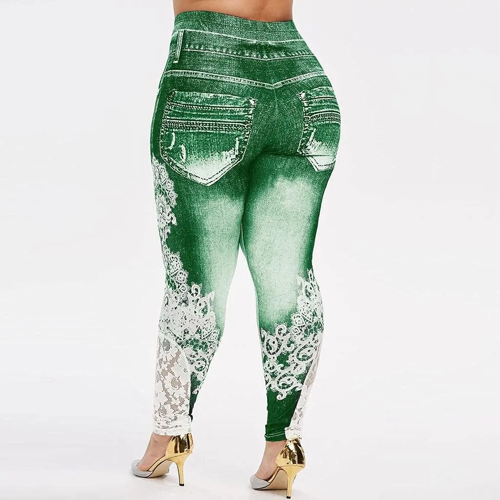 Plus Size Jeans Jeggings Butt Lift Bermuda Yoga Leggings High Waist Stretch Lace Trim Pencil Denim Pants
