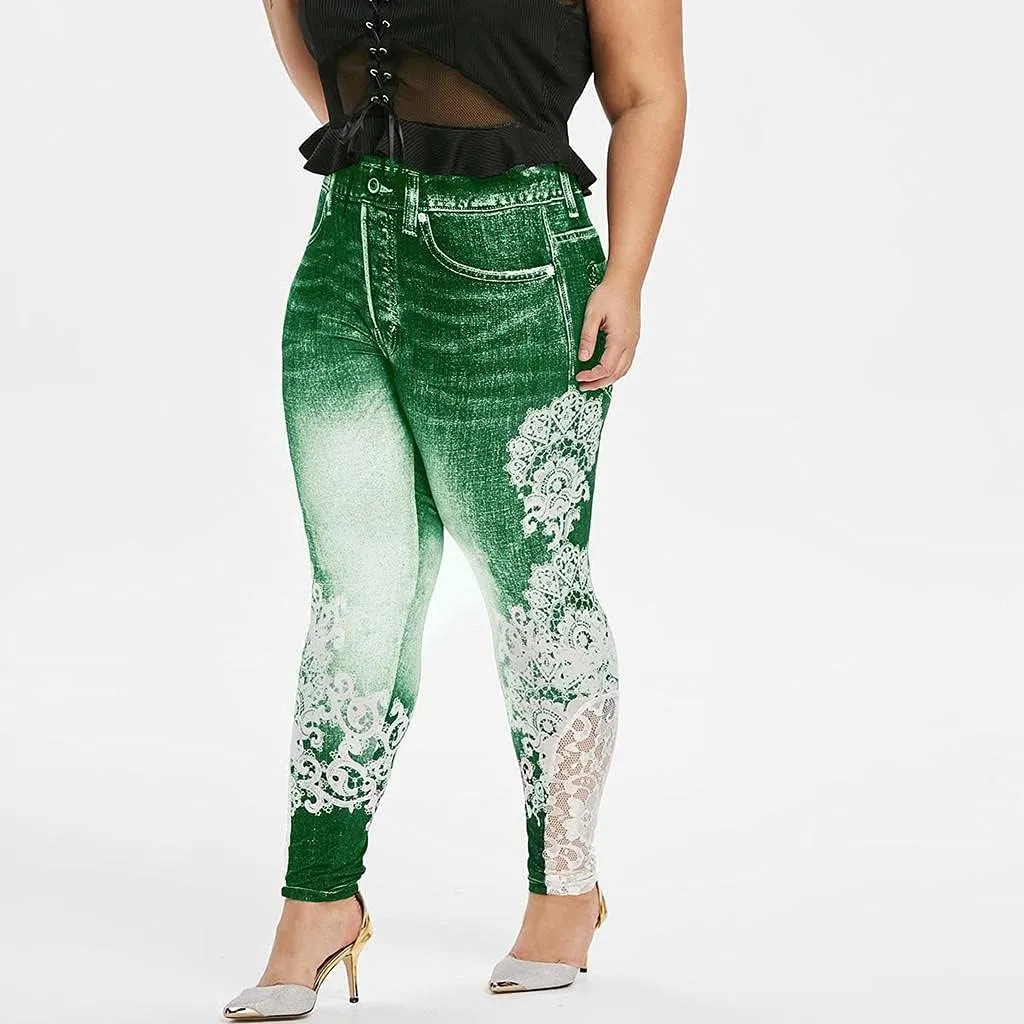 Plus Size Jeans Jeggings Butt Lift Bermuda Yoga Leggings High Waist Stretch Lace Trim Pencil Denim Pants