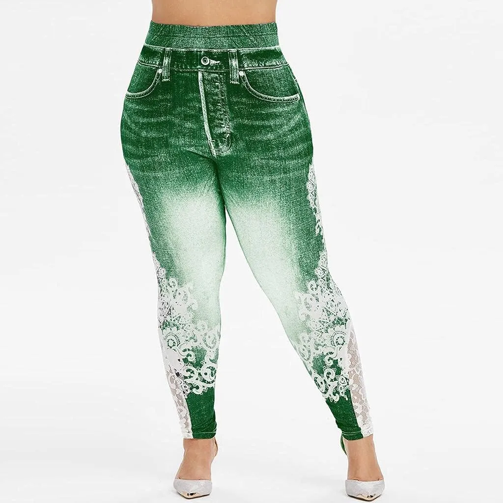Plus Size Jeans Jeggings Butt Lift Bermuda Yoga Leggings High Waist Stretch Lace Trim Pencil Denim Pants