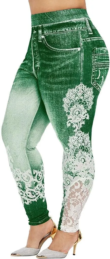 Plus Size Jeans Jeggings Butt Lift Bermuda Yoga Leggings High Waist Stretch Lace Trim Pencil Denim Pants