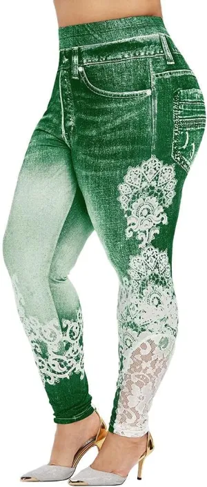 Plus Size Jeans Jeggings Butt Lift Bermuda Yoga Leggings High Waist Stretch Lace Trim Pencil Denim Pants