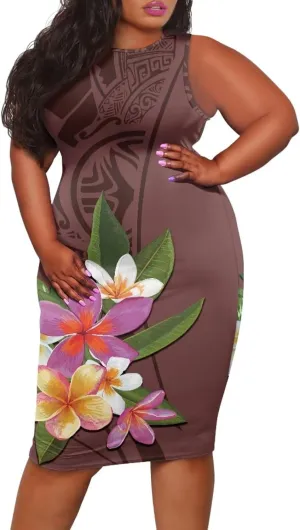 Plus Size Polynesian Dress for Women Casual Sleeveless Midi Dress Hawaii Crewneck Wrap Dress Shift Dress