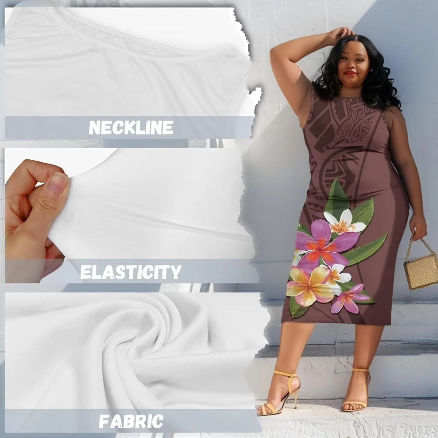 Plus Size Polynesian Dress for Women Casual Sleeveless Midi Dress Hawaii Crewneck Wrap Dress Shift Dress