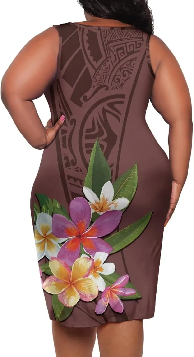Plus Size Polynesian Dress for Women Casual Sleeveless Midi Dress Hawaii Crewneck Wrap Dress Shift Dress